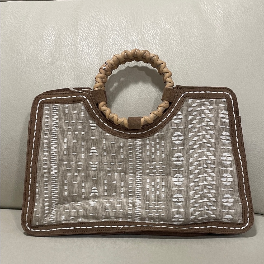 Woven Tan & Cream Handled Tote Bag